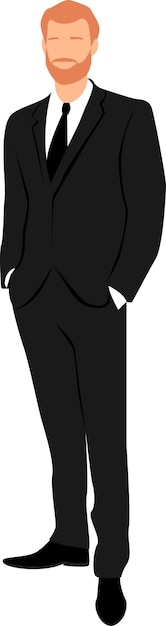 A red haired man in a black business suit stands with his hands in his pants pockets