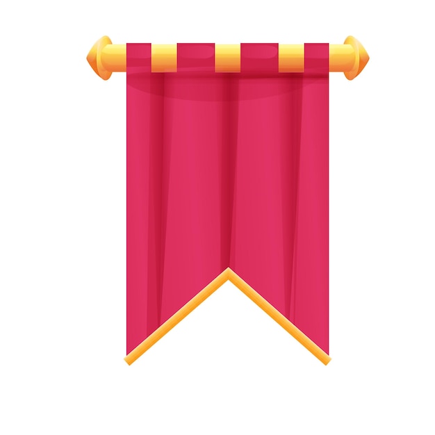 Red hanging medieval banner flag with cloth texture and golden decoration in cartoon style