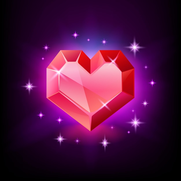 Red heart gemstone, garnet or ruby in the shape of a heart. Glittering gemstone icon on black