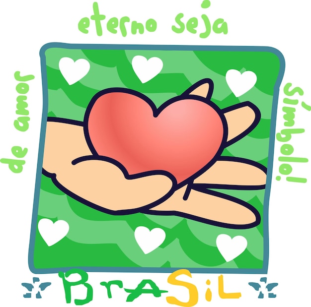 Vector red heart in a hand with handdrawn brazilian flag anthem phrase i love brazil cute brazil print