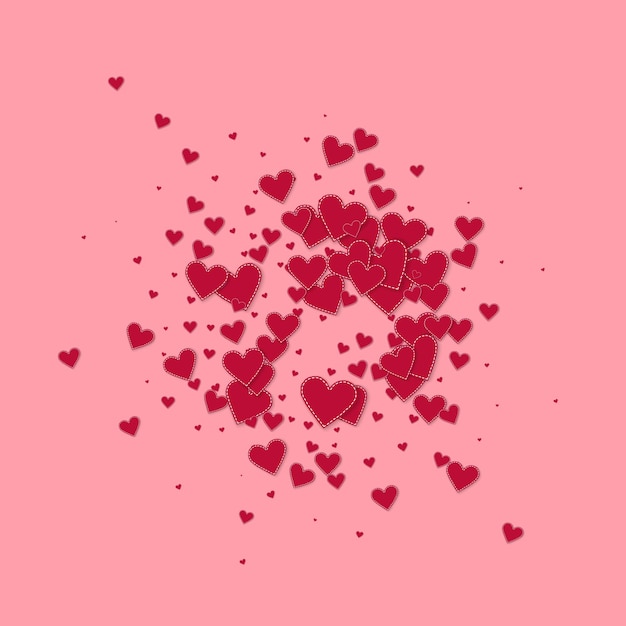 Red heart love confettis. Valentine's day explosion terrific background. Falling stitched paper hearts confetti on pink background. Comely vector illustration.