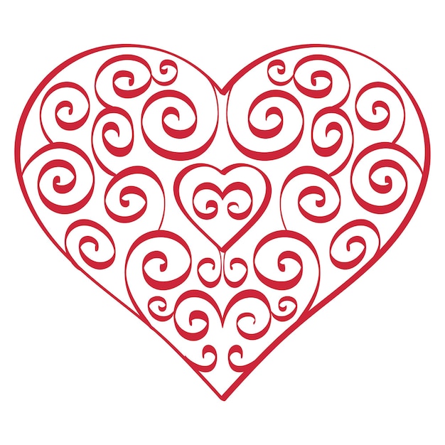 Red Heart shape with floral swirls. Heart with curls