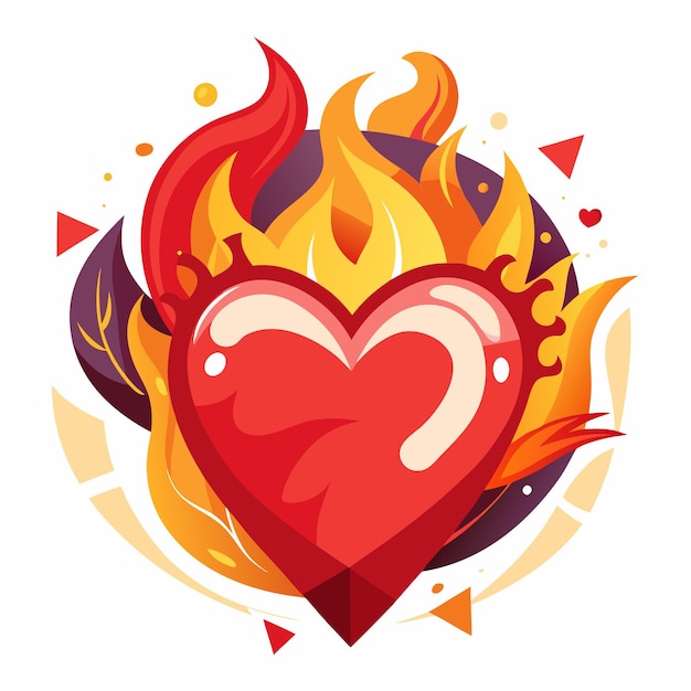 Vector a red heart surrounded by flames and geometric shapes