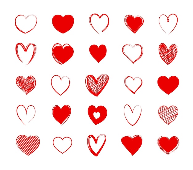 Red heart symbol set Love icon hand drawn isolated on white background