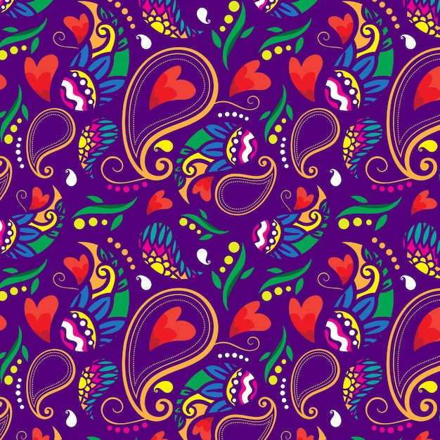 Red hearts colorful paisley seamless pattern