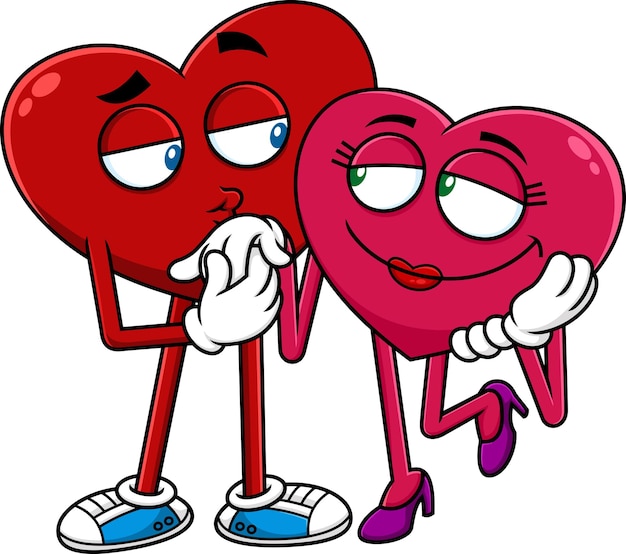 Red Hearts Couple Cartoon Characters Flirting Vector Hand Drawn Illustration Isolated