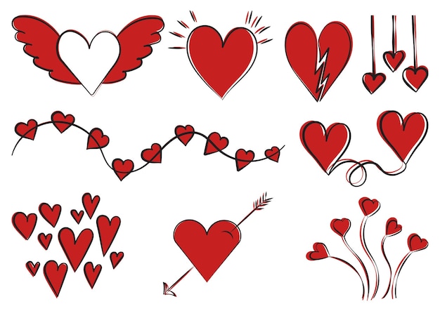 Red hearts set doodle sketch outline on white background isolated vector