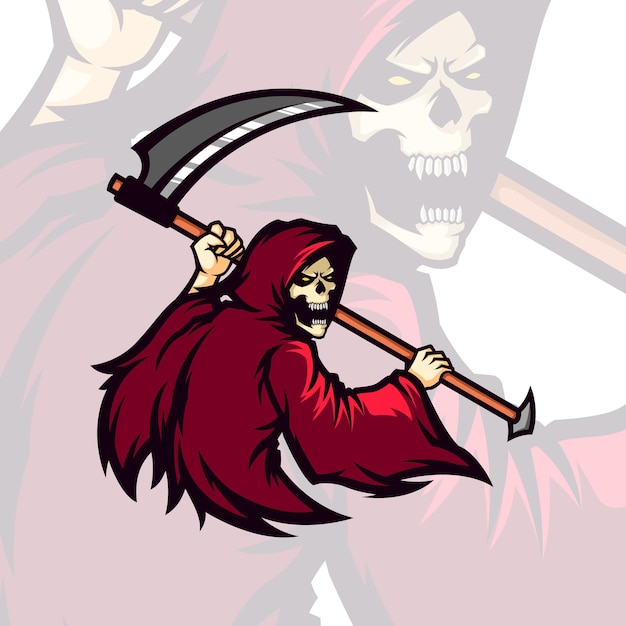 Vector red hooded deadly grimm reaper holding scythe vector mascot