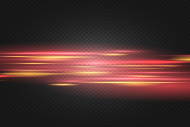 Red horizontal lens flares pack. Laser beams, horizontal light rays.Beautiful light flares. Glowing streaks on dark background. Luminous abstract sparkling lined background.