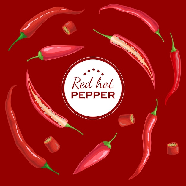 Red hot peppers banner design template Flying red peppers on the burning red background Whole and sliced peppers Best for menu package and flyers Vector illustration