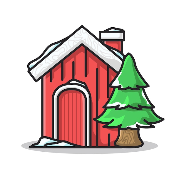 Red house and tree covered with snow in cute line art illustration