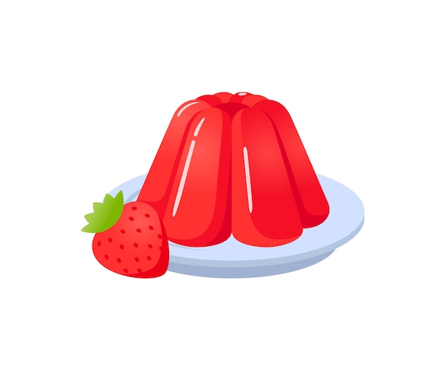 Vector red jelly sweet dessert on plate with strawberry berry cartoon vector illustration