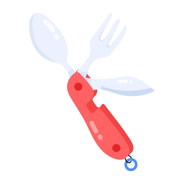 A red knife and fork with a red handle and a blue tag that says'fork and knife '