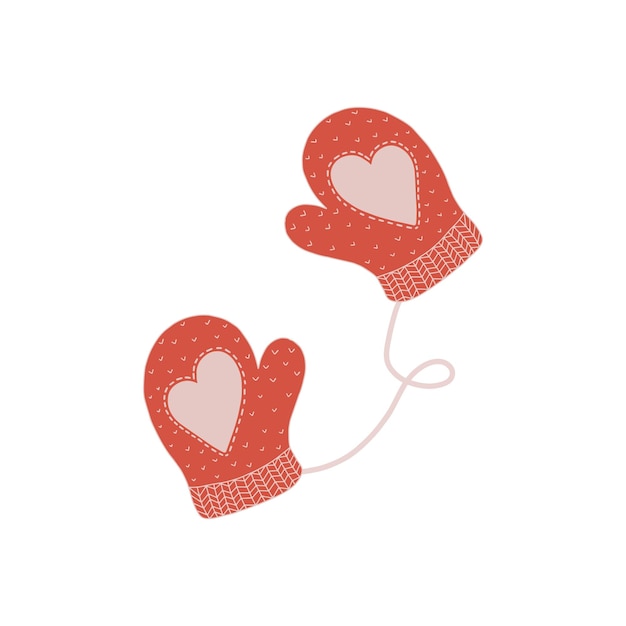 Red knitted winter gloves with string. Mitten decorated with heart.