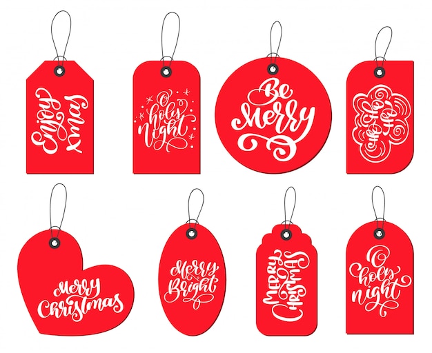 red labels tags collection with Calligraphy lettering Christmas quotes