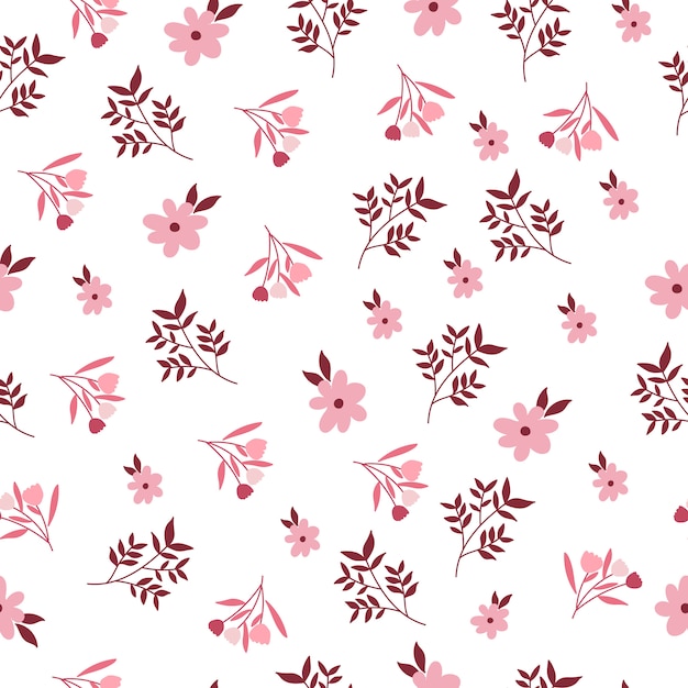 Red leaf and pink flower seamless pattern