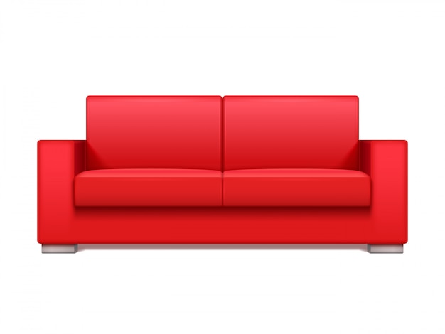 Red leather realistic sofa for modern living room