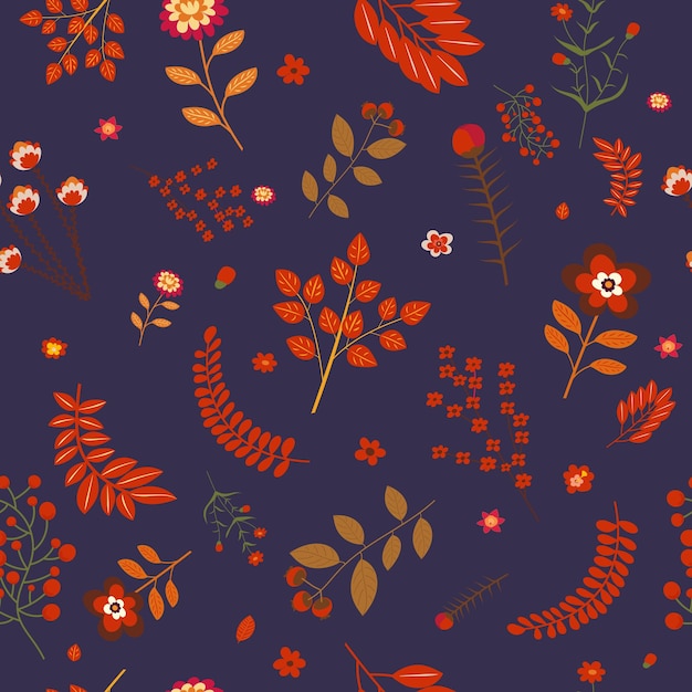 Red leaves plants seamless pattern in flat design vector