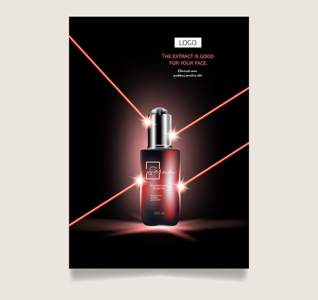 Red light cosmetic Skin care ads red packaging skincare sets in 3D illustration glitter particles