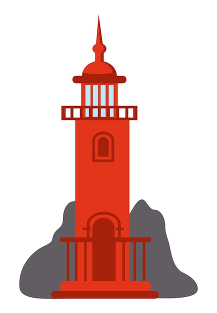 Red lighthouse icon isolated at white Navigation building for ships cartoon vector lighthouse Beacon s red tower with balcony windows and spire Building at background of rock stone silhouette