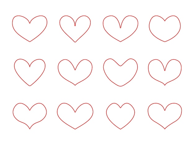 Red line hearts set Red abstract symbols of love symmetric doodle heart collection Valentines day clip art elements Vector illustration isolated on white background