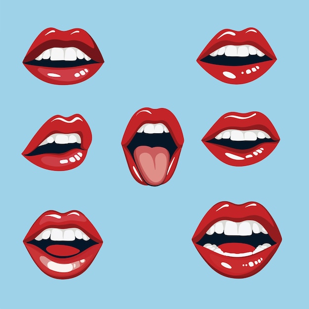 Vector red lips showcasing different mouth smiling