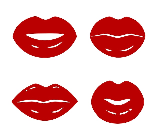 Red lips vector icon set isolated on white background Women mouth red kiss silhouette shape Fashion glamour illustration