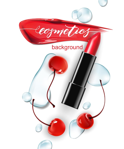 Red lipstick lipstick smear and red cherry with water drops  The view from the topTemplate Vector