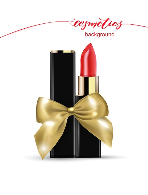 Red lipstick with a gold gift bow Beauty and cosmetics background Template Vector