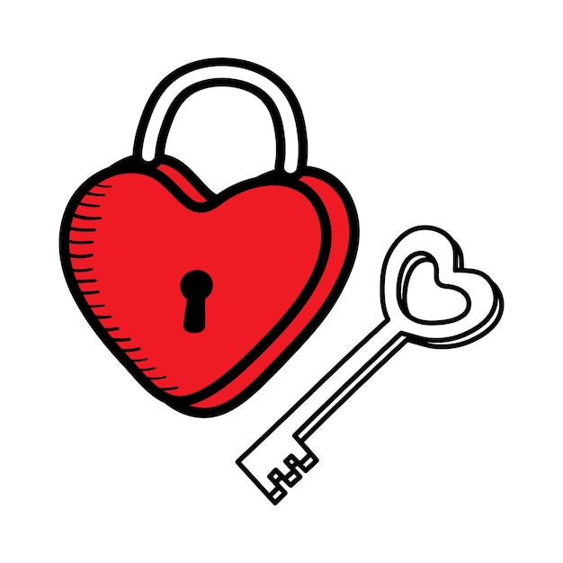 Red lock and key in heart shape Valentine's day doddle illustration