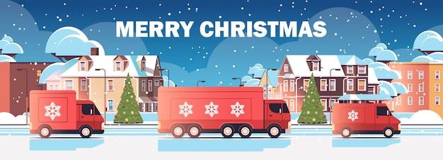 red lorry trucks delivering gifts merry christmas happy new year winter holidays celebration express delivery service concept cityscape background horizontal vector illustration