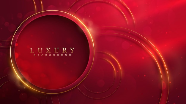 Red luxury background and golden circle frame with glitter light effect decoration and bokeh.