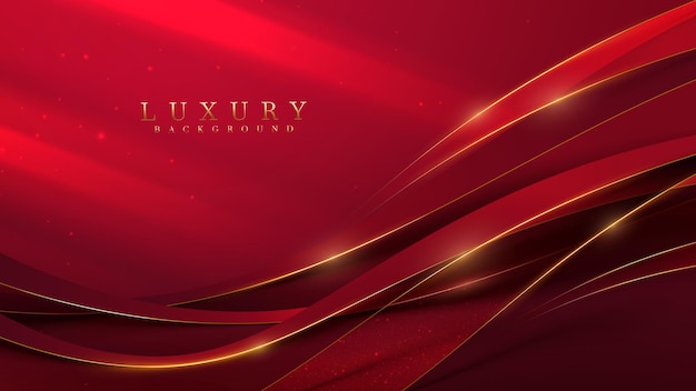 Red luxury background with golden curve decoration and glitter light effect.