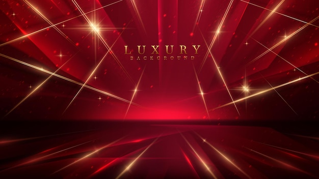 Red luxury background with golden line decoration and light rays effects element with bokeh.