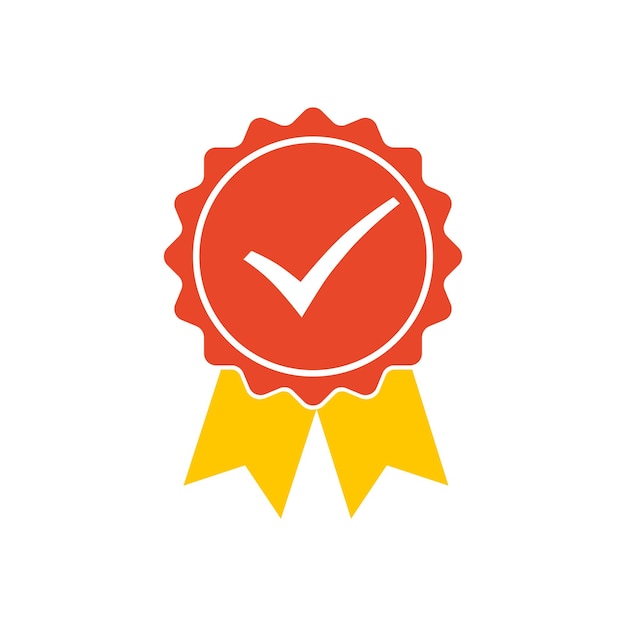 Red medal icon with yellow ribbons and check mark Vector illustration