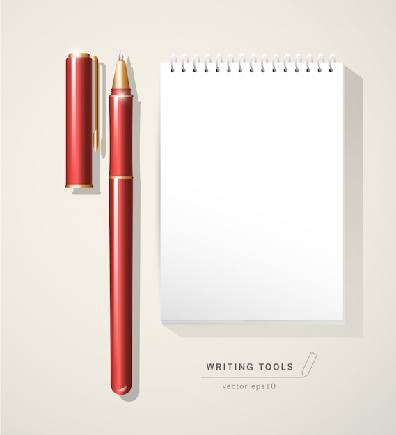 red metal pen tool with cap isolated on white background. Text space. Writing office tool icon. Metal texture.