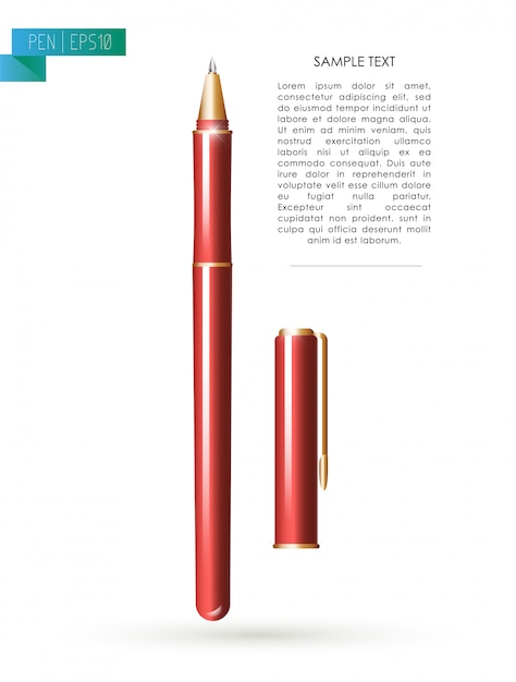  red metal pen tool with cap  on white background. Text space. Writing office tool icon. Metal texture. Writing mock up. Pen close up. Text message. Business, writing illustration.