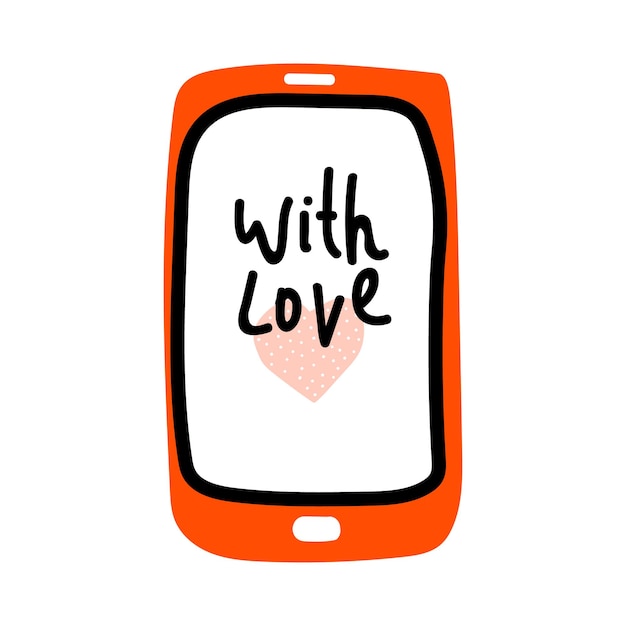 Red mobile phone with heart and Lettering Love for Valentines day Flat doodle vector illustration