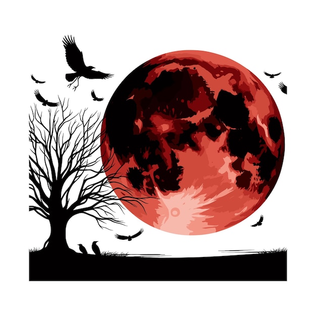 Vector a red moon with a tree and a bird flying halloween large bloodred harvest moon hanging low in the