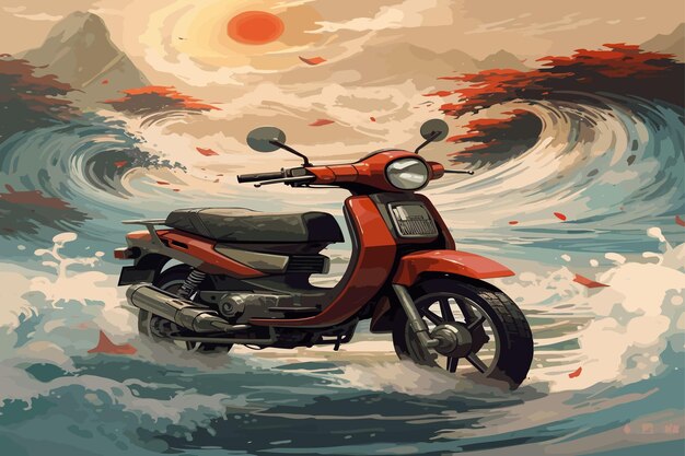 Vector a red motorcycle is in the water and has the word  verizo  on it