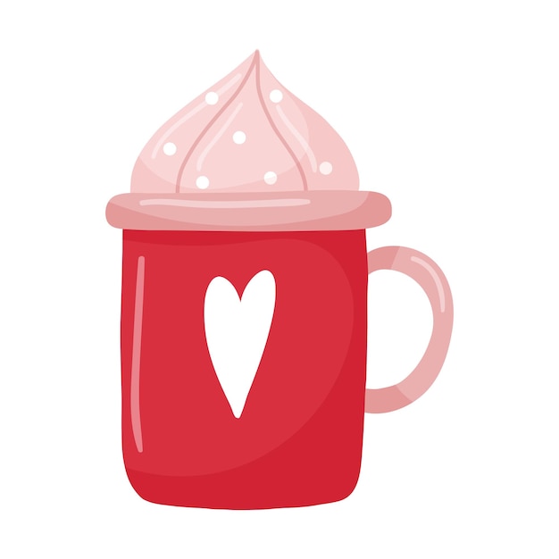 A red mug with a heart A handdrawn flat cup with a hot drink and whipped cream The design element is isolated on a white background Color vector illustration