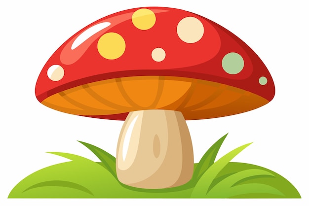 Vector red mushroom with white and yellow spots growing in green grass