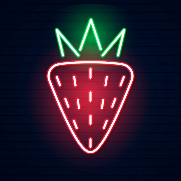 Red neon strawberry . Vector illustration of neon red strawberry consisting of outlines, with backlight on the dark background