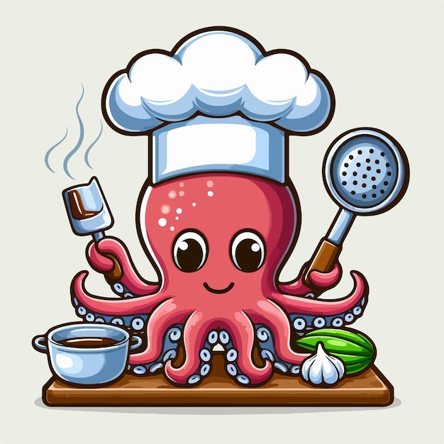 red octopus wearing chef cap vector logo