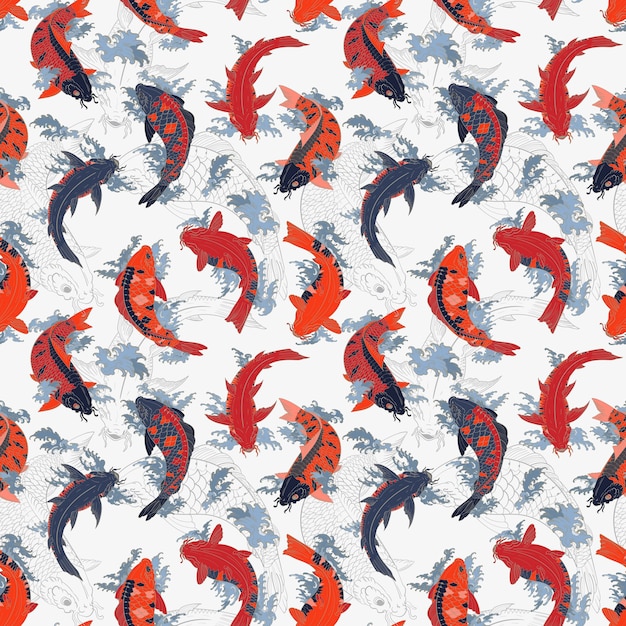 Red and orange and gray koi carps Japanese light seamless pattern