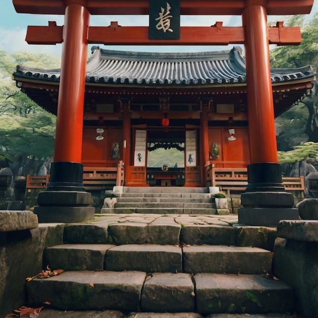 a red pagoda with a sign that says  higashi  on it