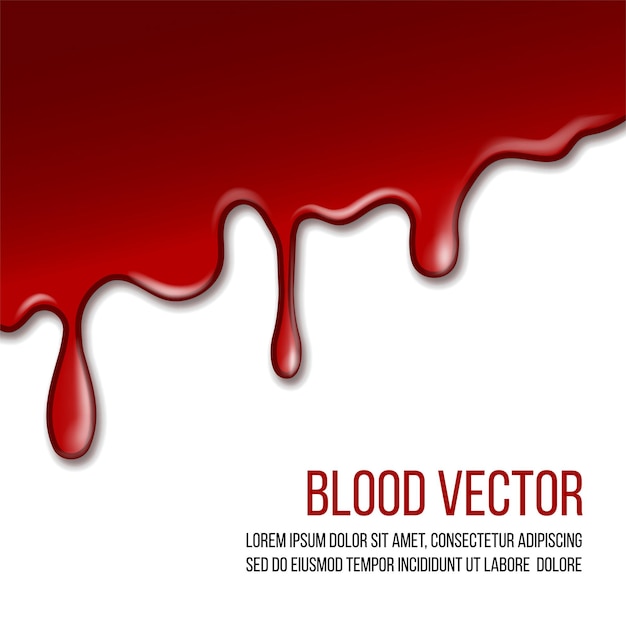 Red paint dripping isolated on white background. Realistic Flowing Blood is falling from the top of the image. Blot. Vector illustration with copyspace for your words