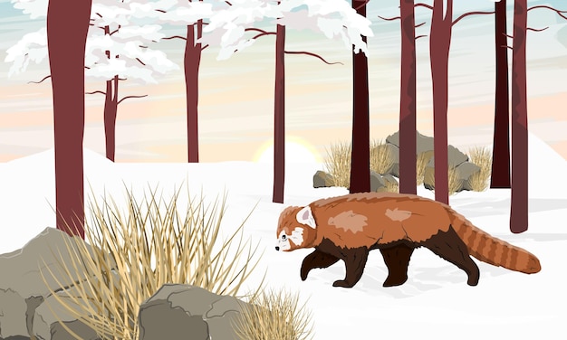 Red panda Ailurus fulgens stands in the Asian forest in winter