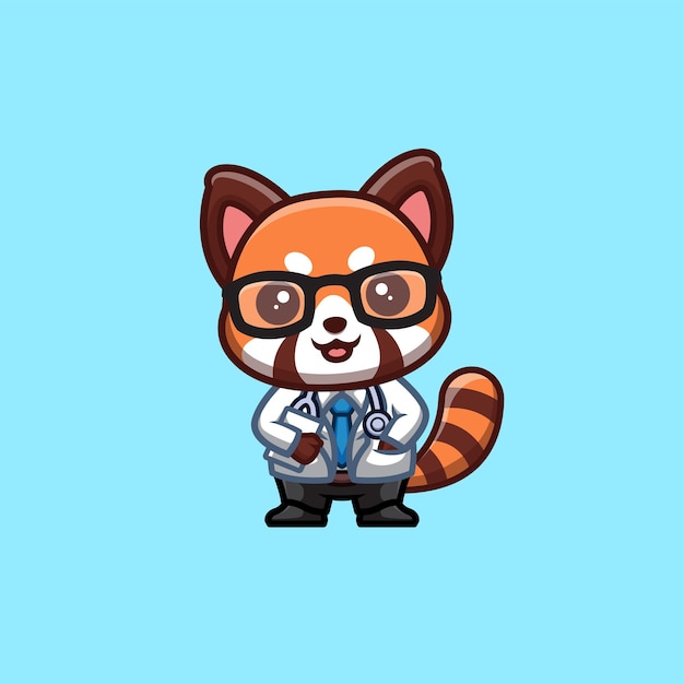 Red Panda Doctor Cute Creative Kawaii Cartoon Mascot Logo