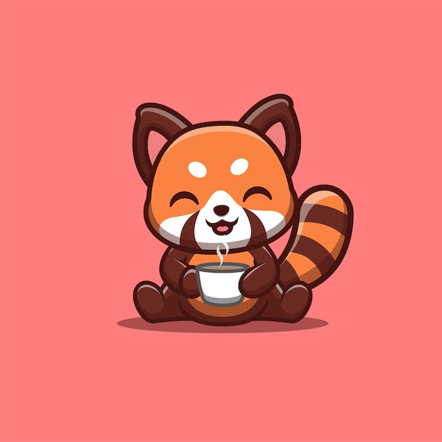 Red Panda Sitting Drink Coffee Cute Creative Kawaii Cartoon Mascot Logo